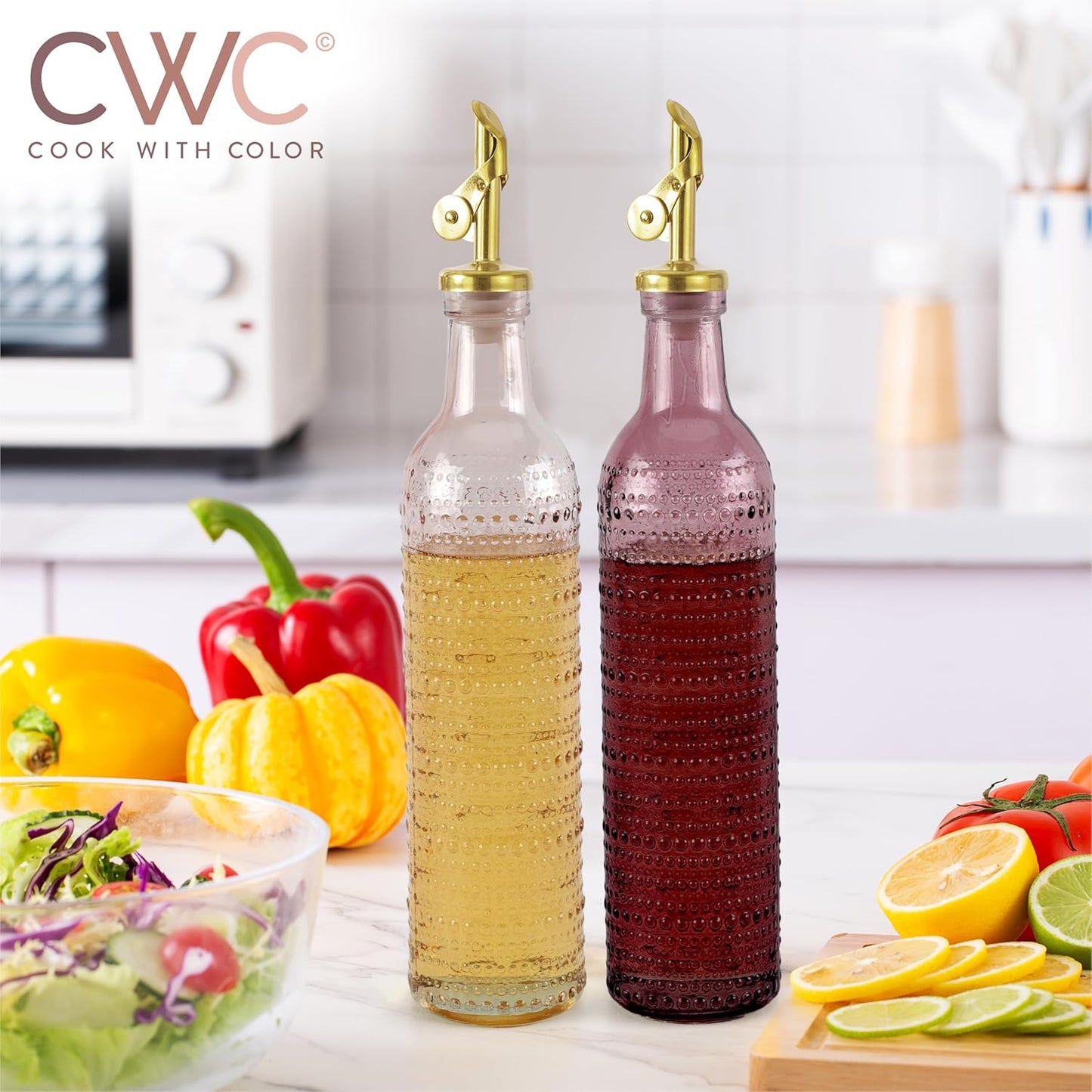COOK WITH COLOR Glass Olive Oil Bottle Dispenser - 2 Pack- 17oz Oil and Vinegar Cruet - Olive Oil Carafe Decanter for Kitchen, Elegant Waves, Clear