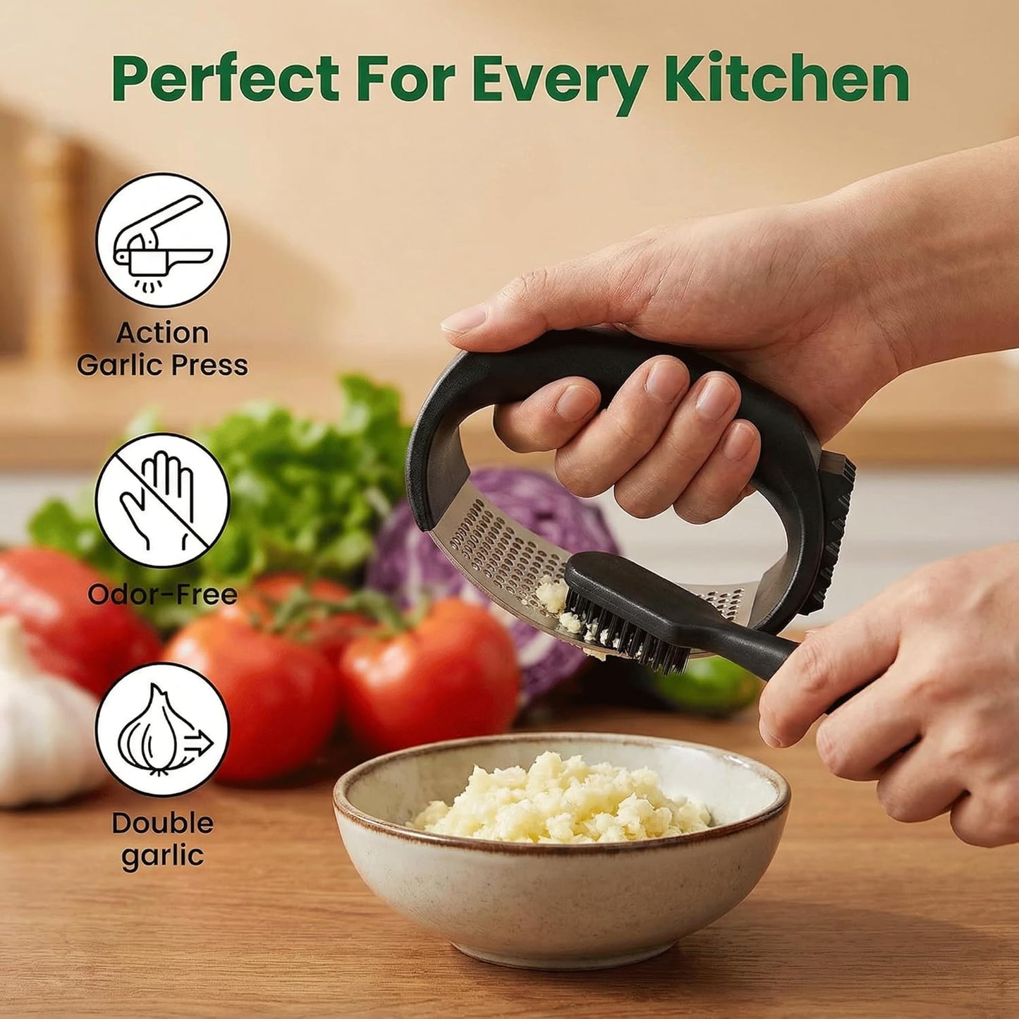 Stainless Steel Garlic Press Rocker Set – Ergonomic Garlic Crusher and Mincer Tool for Effortless Pressing. Includes Silicone Peeler and Cleaning Brush. Dishwasher Safe Kitchen Gadget (Black Handle)
