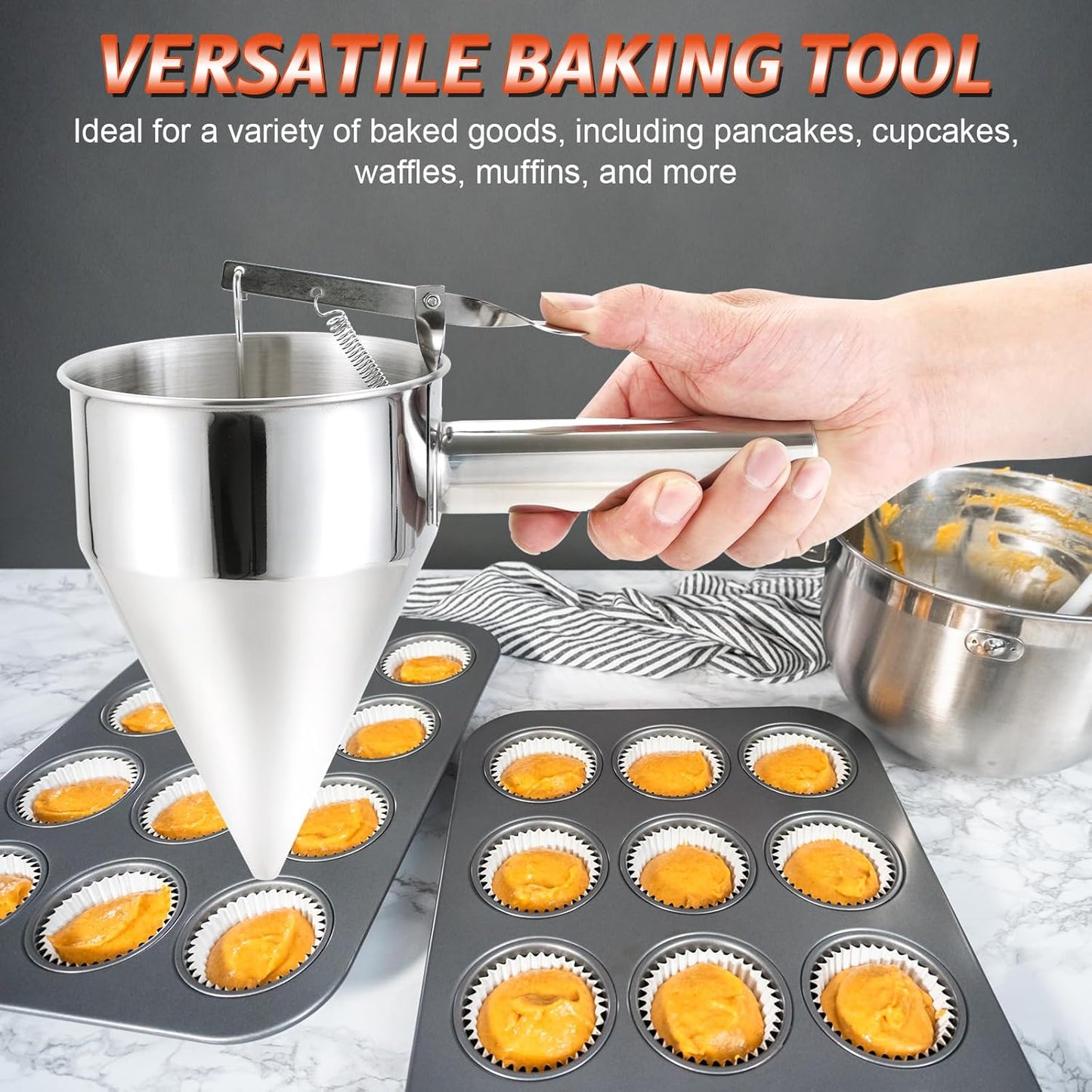 NATGAI 40OZ Stainless Steel Pancake Batter Dispenser, Multi-Caliber Funnel Cake Dispenser with Stand, Fit for Pancakes, Cupcakes, Waffles, and Baked Goods (1200ML/40OZ with 4PCS Silicone Nozzles)