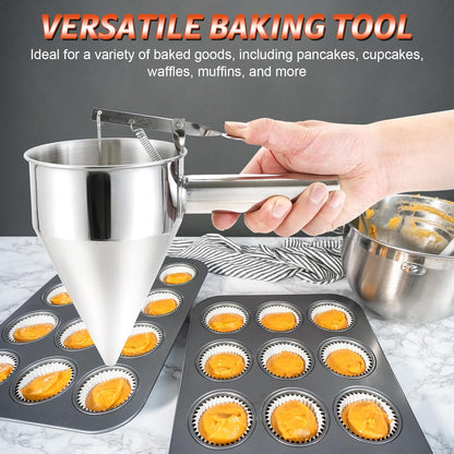 NATGAI 40OZ Stainless Steel Pancake Batter Dispenser, Multi-Caliber Funnel Cake Dispenser with Stand, Fit for Pancakes, Cupcakes, Waffles, and Baked Goods (1200ML/40OZ with 4PCS Silicone Nozzles)