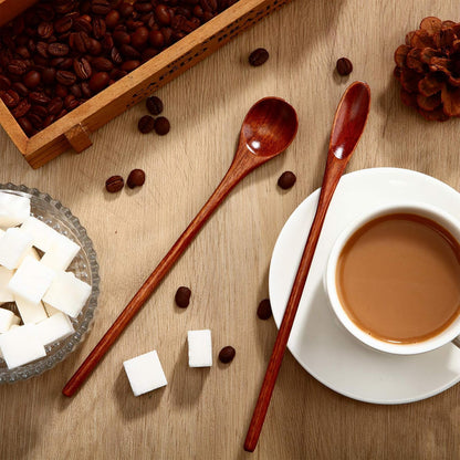 Patelai 10 Pieces Wooden Coffee Spoons Long Handle Mixing Wooden Spoon Handmade Stirring Teaspoon for Kitchen Stirring