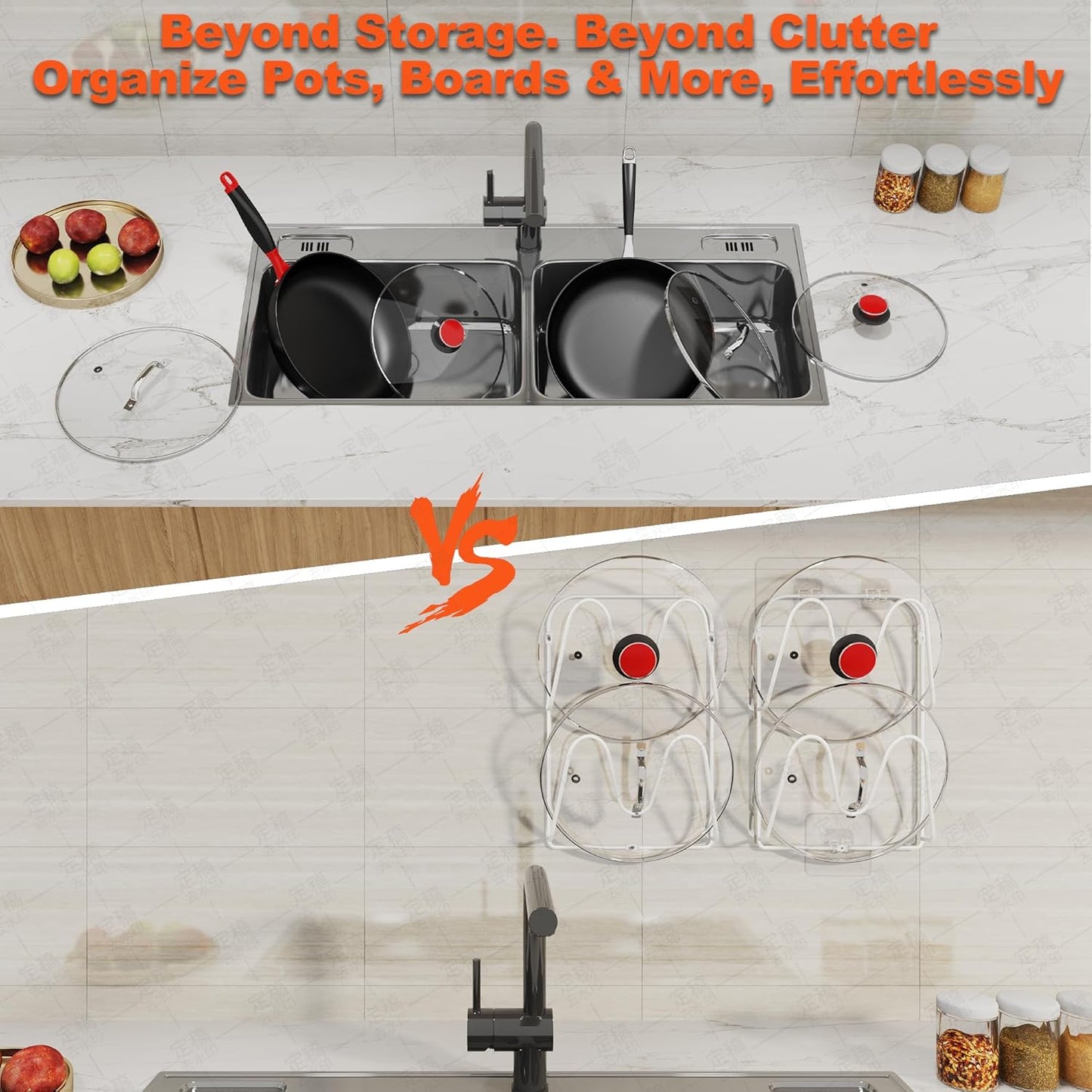 2 Pack Pot Lid Organizer, 6-Tier Pots and Pans Lid Organizer Under Cabinet, No Drilling, Rustproof, Lid Organizers Inside Cabinet for Small Space Solution & Kitchen Cabinet Organization