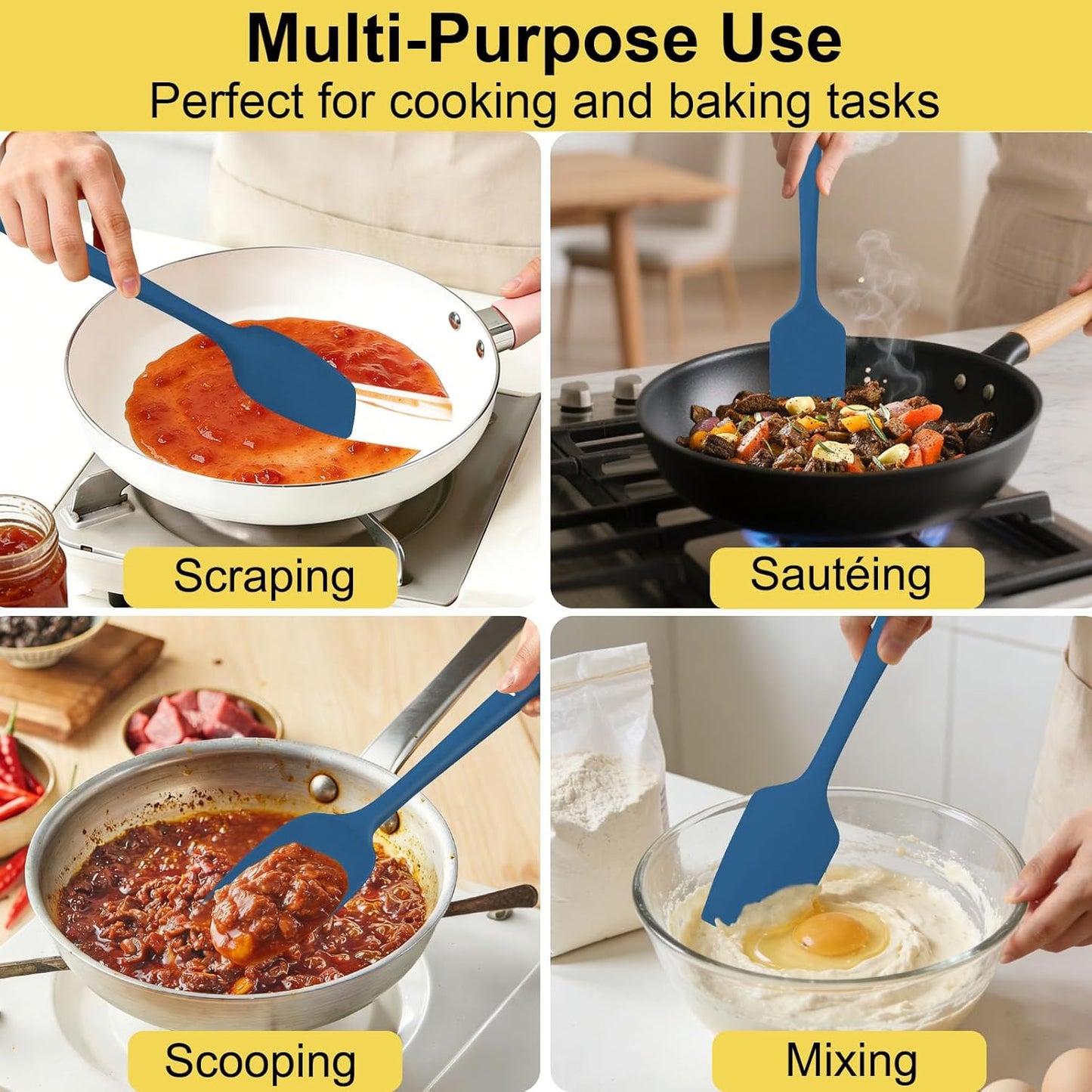 4 Pack Silicone Spatulas, 11.4 In, High Heat Resistant, BPA Free Rubber Spoon Spatula Set for Cooking, Baking, Mixing, Flexible Kitchen Utensils for Nonstick Cookware, Seamless (Blue)