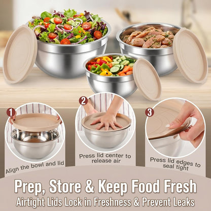 31PCS Mixing Bowls with Lids Set, 5.5QT to 0.6QT Stainless Steel Nesting Bowls with Graters, Large Khaki Bowls & 21 Measuring Cups and Spoons Set Kitchen Appliances for Mixing, Baking, Food Storage