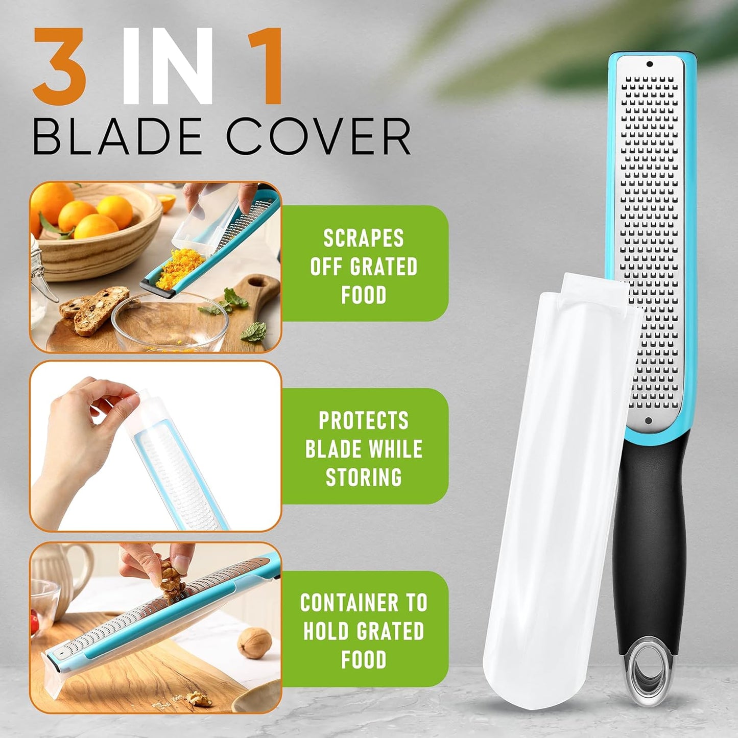 Spring Chef Premium Lemon Zester Grater with Handle - Fruits, Garlic, Chocolate, Nutmeg, Ginger Grater - Heavy Duty Kitchen Tool - Stainless Steel Citrus Zester with Blade Cover - Fine Shred, Black