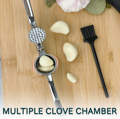 Garlic Press Set - Stainless Steel Press, Easy-Peel Silicone Tool & Brush, Ergonomic Handle for Effortless Mincing, Rust-Proof & Dishwasher Safe for Kitchen Use