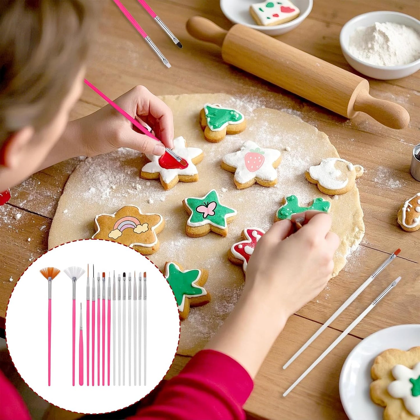 30 PCS Cake Decorating Brushes, Cookie Paint Brushes, Food Safe Paint Brush Set, Multi Function Fondant Cookie Icing Pastry Brush, DIY Painting Tool For Baking Craft, Pink and White