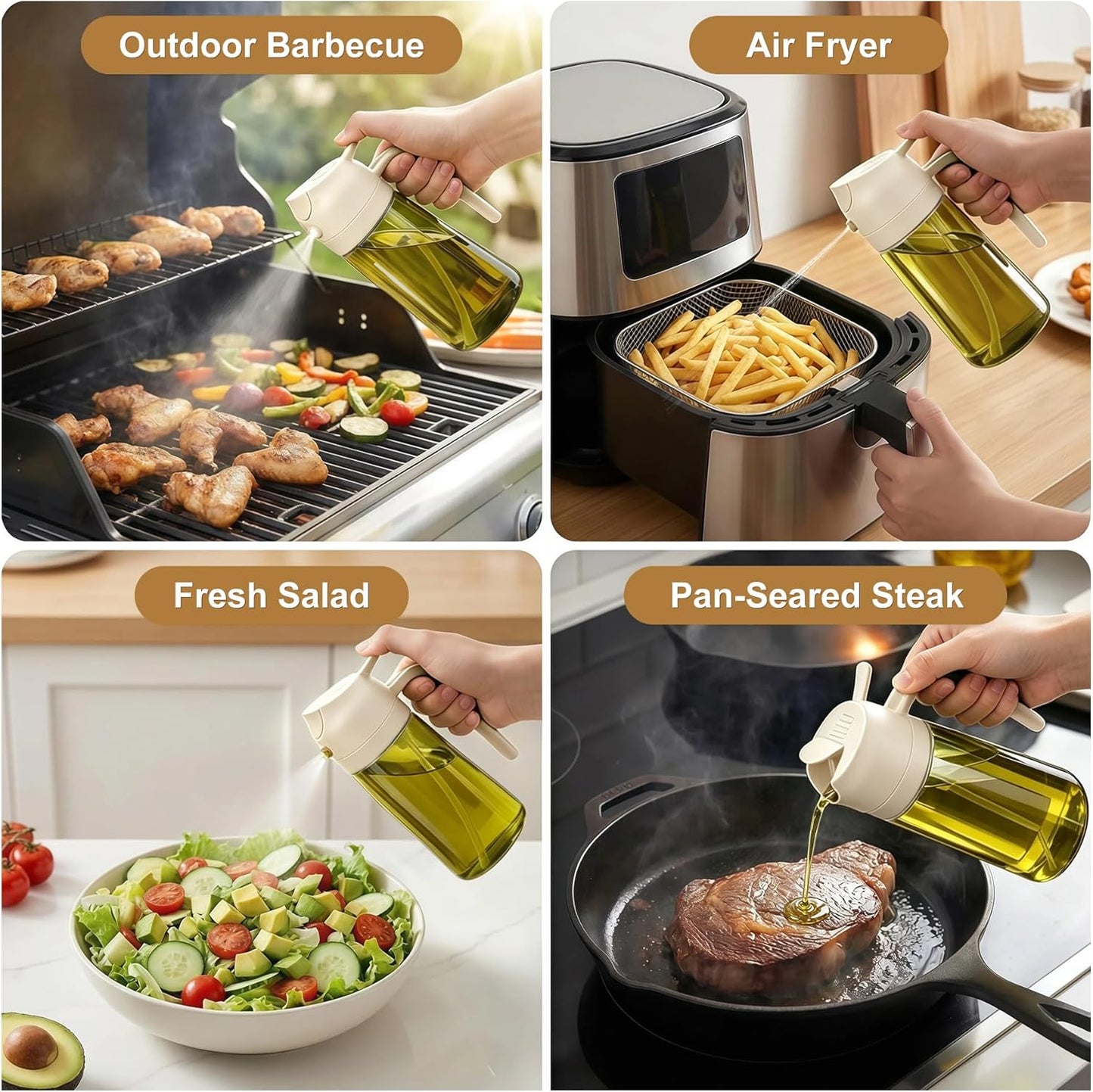 Poshetion 2 in 1 Olive Oil Sprayer for Cooking, 16oz Light-Proof Oil Dispenser for Kitchen, Leak-Proof Oil Spray Bottle for Air Fryer, Salad, BBQ, Baking, Grilling - Black & Green