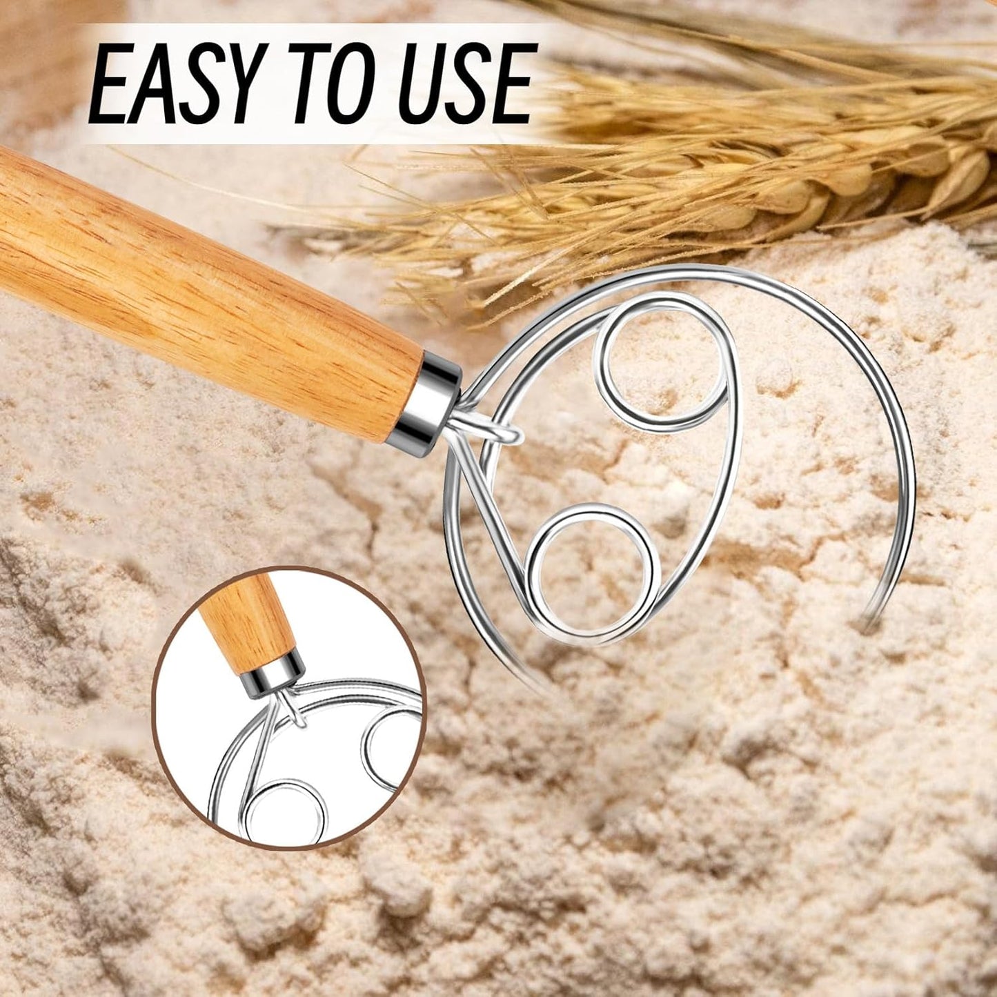 Danish Dough Whisk Stainless Steel Wooden Handle for Sourdough Bread Pizza and Pastry Making