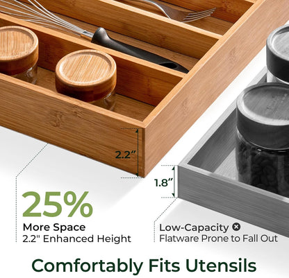 keechee Carbonized Bamboo Kitchen Drawer Organizer, 10 Slots Expandable Silverware Organizer, Utensil Holder & Cutlery Tray, 2.2" Deep for Extra Capacity, Non-Slip Feet Included