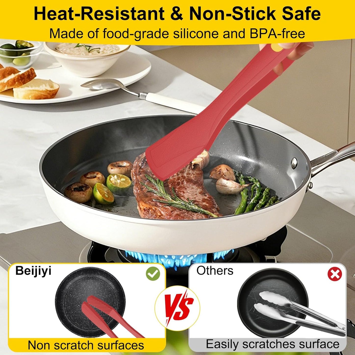 Beijiyi Kitchen Tongs for Cooking, 9" & 12" Set, Silicone Cooking Tongs with Silicone Tip for Nonstick Cookware, 600°F Heat Resistant, Stainless Steel Core, Great for Grilling and Serving Food (Black)