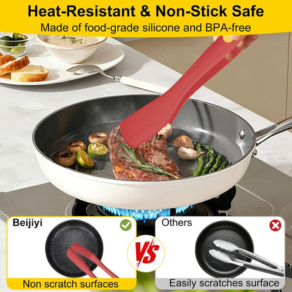 Beijiyi Kitchen Tongs for Cooking, 9" & 12" Set, Silicone Cooking Tongs with Silicone Tip for Nonstick Cookware, 600°F Heat Resistant, Stainless Steel Core, Great for Grilling and Serving Food (Black)