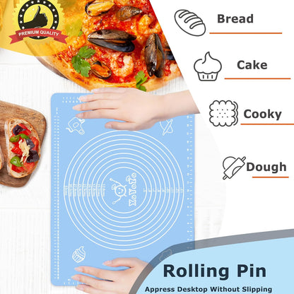Rolling Pin Silicone Baking Pastry Mat Set,Pizza Dough Roller Baking Mat for Rolling Dough Non Slip Extra Large with Measure,Kitchen Counter Mat for Pie,Crust,Cookies,Bread,Pastries,Pasta, 15.7" x 24"