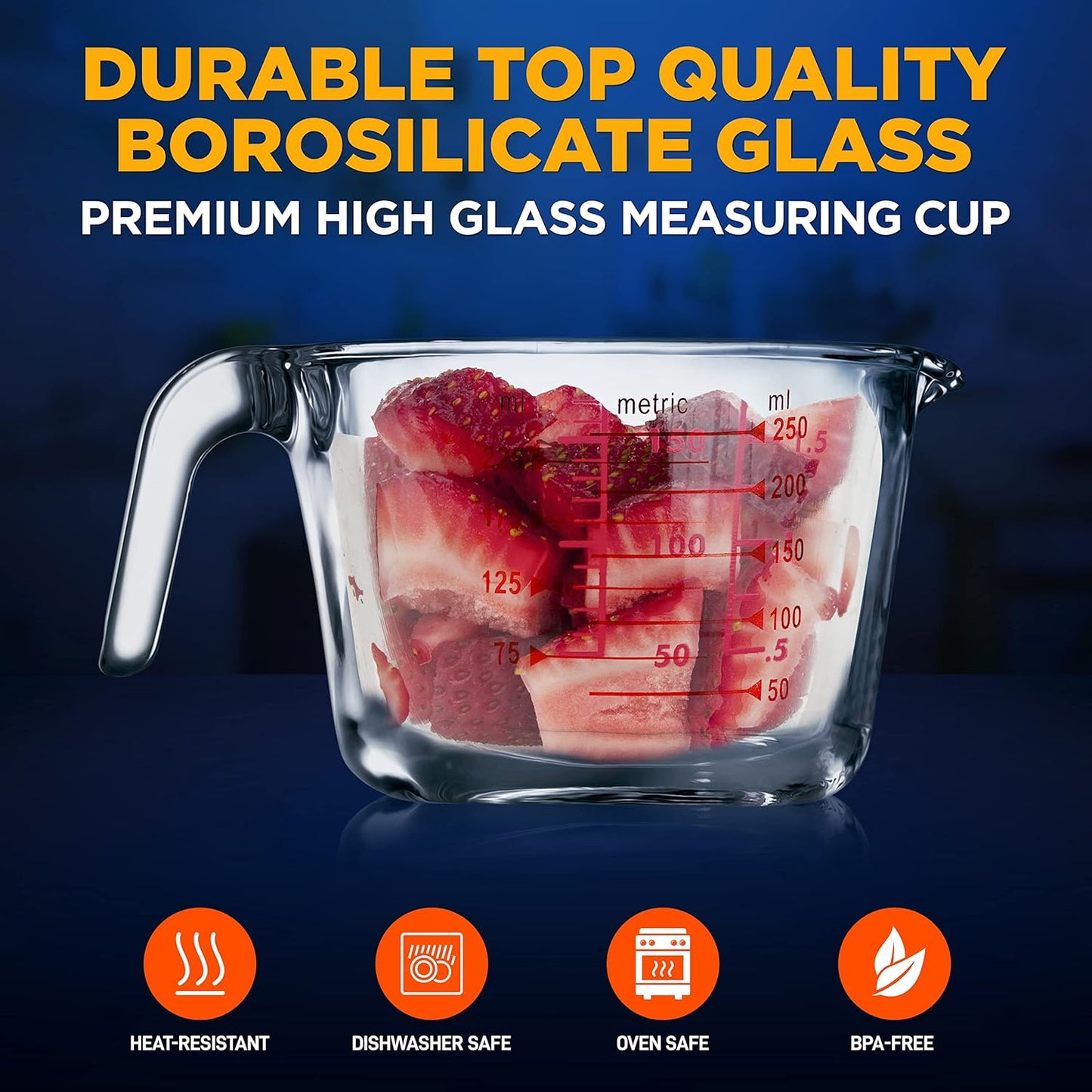 NutriChef 250 ml. Glass Measuring Cup - 8.62 oz Premium Heat Resistant Glass Cup, with Customized Decal Scale, Oven and Dishwasher Safe, Curved Spout for Precise Pouring