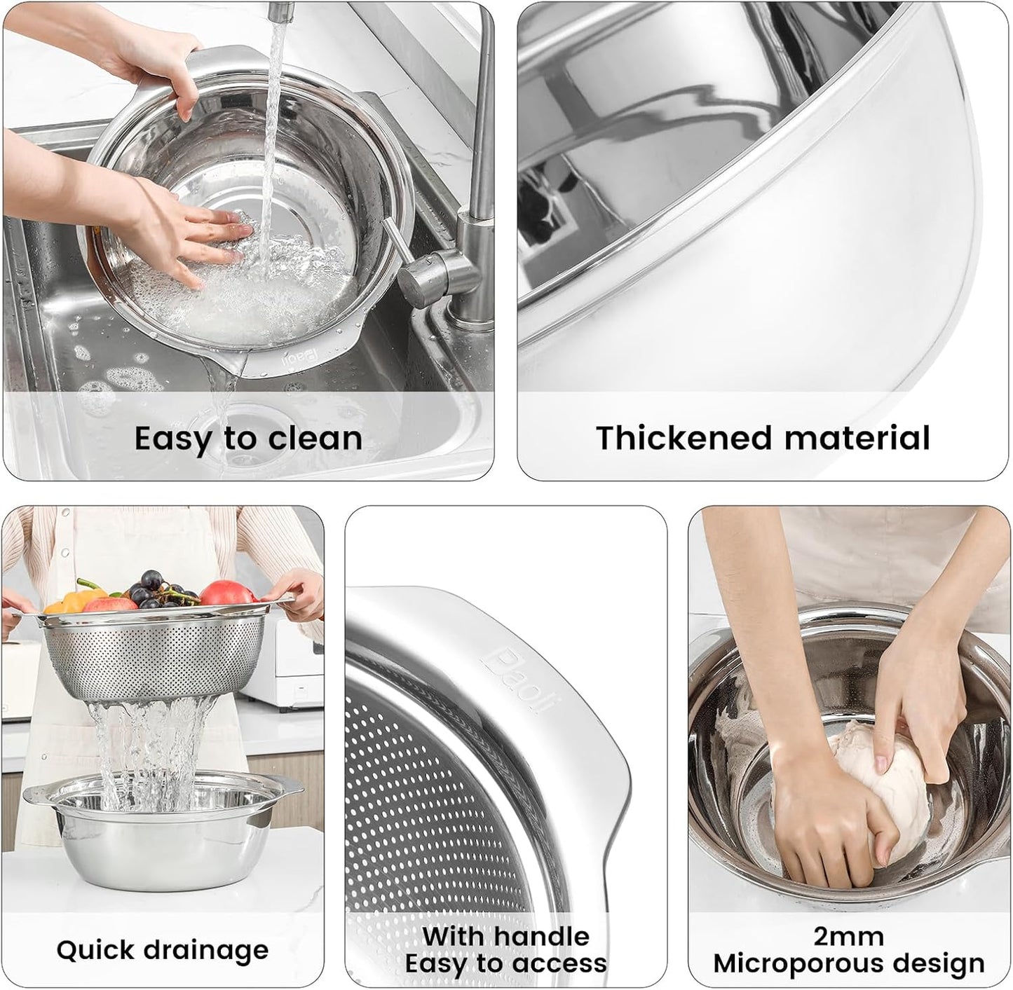 Paoli 304 Stainless Steel Fine Mesh Colander Set, 1.5QT Large Capacity Strainer with Mixing Bowl — Rinse Fruits, Veggies, Rice & Drain Pasta, Dishwasher Safe (2-Piece)