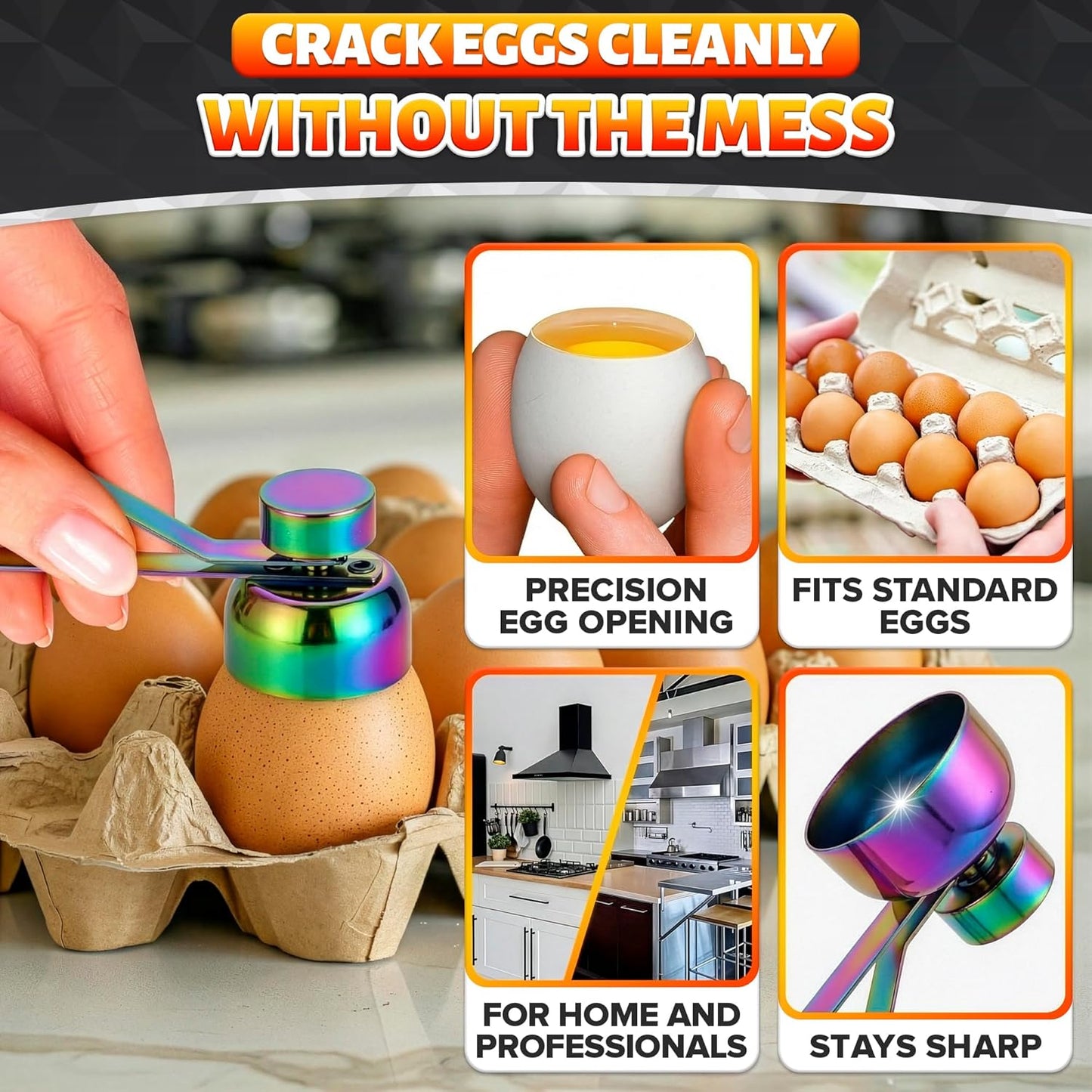 Egg Cracker Tool for Raw Eggs — Egg Shell Opener for Soft-Boiled Shell Tops, Stainless Steel Topper with Ergonomic Adjustable Effort — Clean Cut Design for Breakfast Prep, Custards, & Baking (Silver)