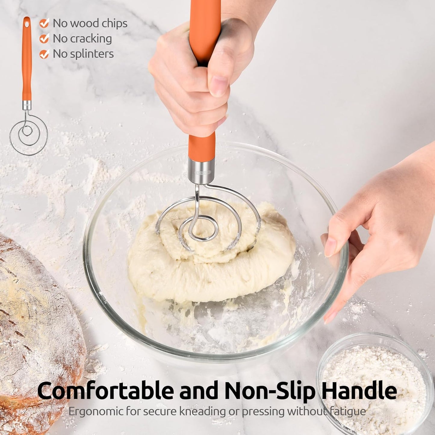 U-Taste 12.6" Danish Dough Whisk: 18/8 Stainless Steel Heavy-Duty Sourdough Mixer Tool, Food Grade Dutch Style Seamless Bread Wisk, Sturdy for Mixing, Stirring, Pressing, Kneading Thick Batter (Black)