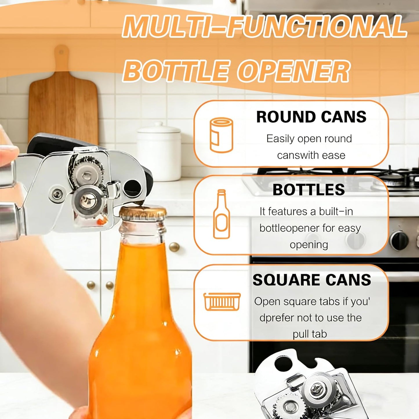 Manual Can Opener With Stainless Steel Cutting Wheel，Smooth Edge Can Opener Heavy Duty and Bottle Openers Easy to Use, Soft Comfortable Handle, Multifunctional Can Opener Tool, Black