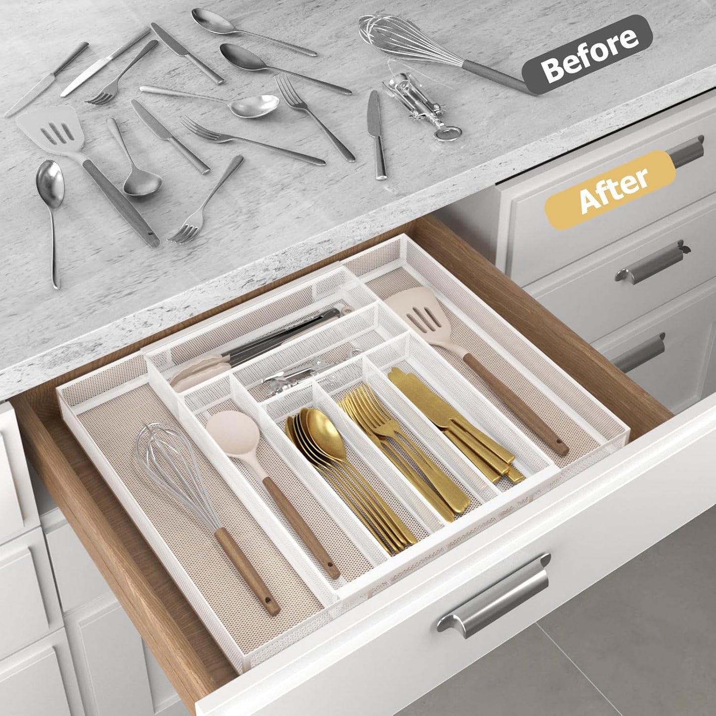 Sedegn Silverware Organizer Metal Mesh, Large Drawer Organizer, Utensil Cutlery Tray for kitchen drawers, Flatware Organizer with 6 Compartment, Black (11.3”*16“)