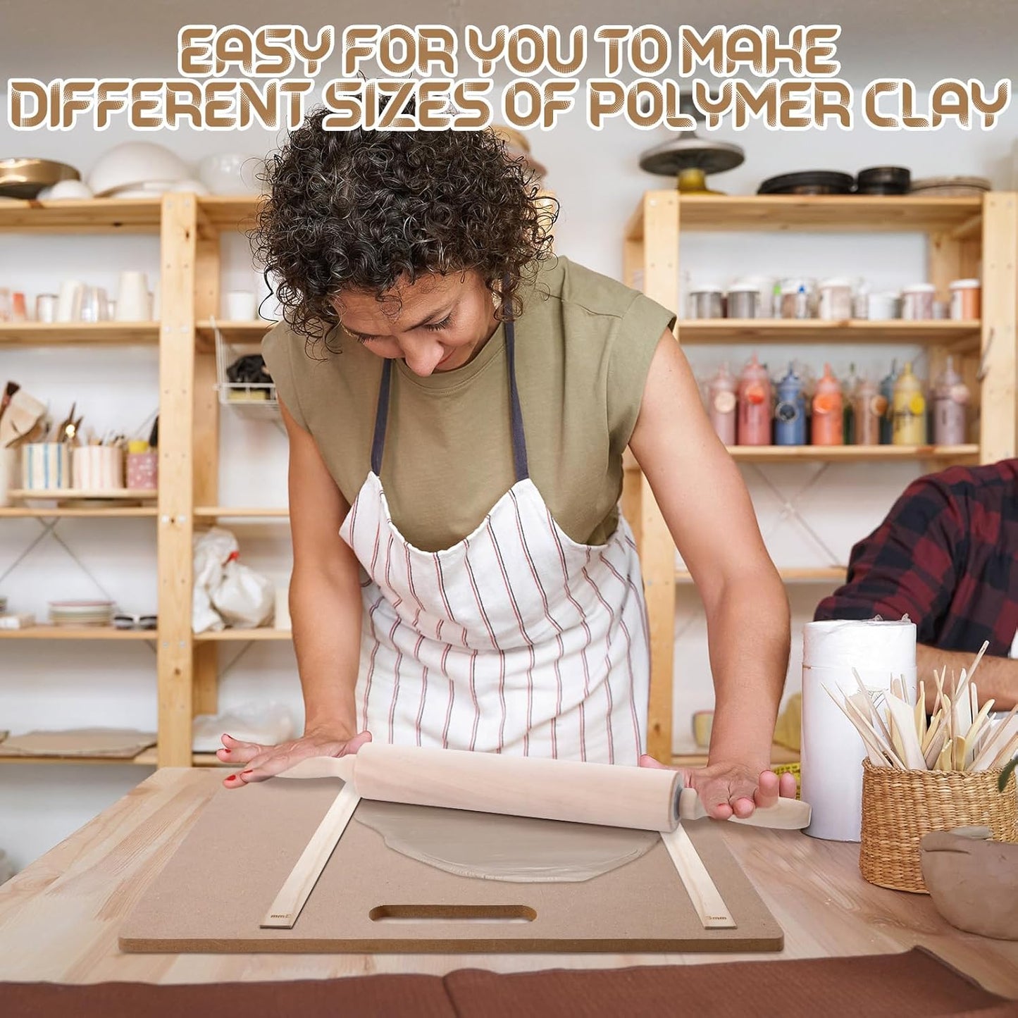 Newtay 12 Pcs Pottery Tools Include 1 Wood Rolling Pin Sculpting Polymer Clay Tools 1 Portable Pottery Wedging Board/Linen Tablecloth and 10 Pcs 5 Size Teaching Rolling Mud Stick Guide (Tablecloth)