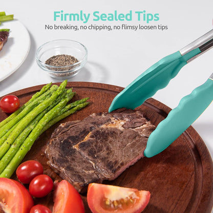600ºF Heat Resistant Kitchen Tongs: U-Taste 9 inch Silicone Cooking Tong with Firm Sealed Non Stick Rubber Tips & Silicon Coated 18/8 Stainless Steel Handle & Smooth Locking for Serving Salad (Black)