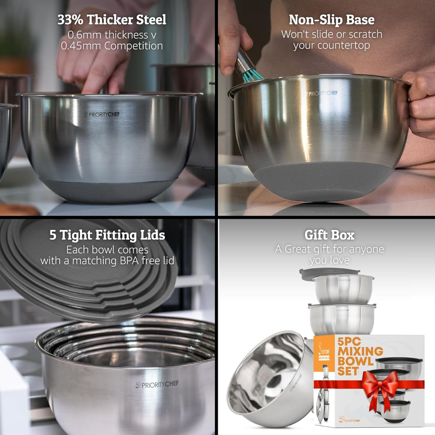 Priority Chef Premium Mixing Bowls With Lids Set, Airtight Lids, Thicker Stainless Steel, Non-Slip Base, 5 Nesting Steel Bowls for Kitchen, Large Prep Metal Bowl Set 1.5/2/3/4/5 Qt, Black