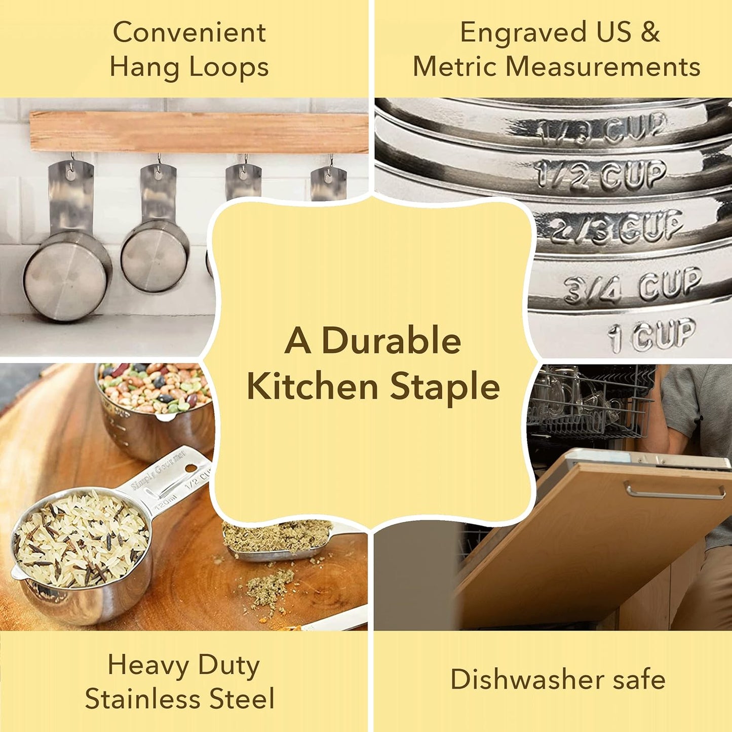 Simply Gourmet Measuring Cups Set of 7, Stackable, 304 Premium Stainless Steel, Kitchen Gadgets for Measure Liquid and Dry Ingredients, Cooking & Baking