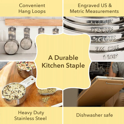 Simply Gourmet Measuring Cups Set of 7, Stackable, 304 Premium Stainless Steel, Kitchen Gadgets for Measure Liquid and Dry Ingredients, Cooking & Baking