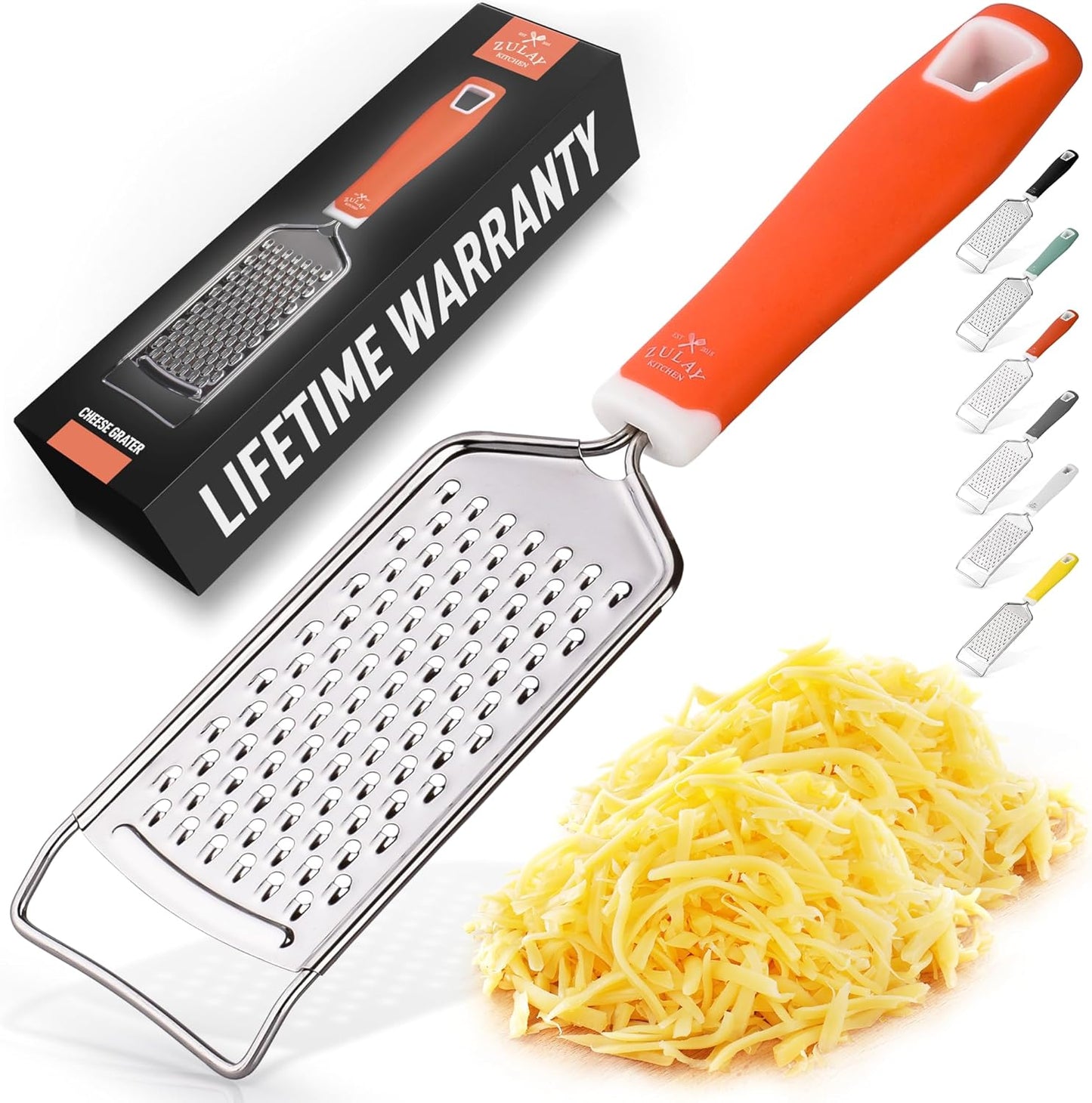Zulay Kitchen Professional Cheese Grater Stainless Steel - Durable Rust-Proof Metal Lemon Zester Grater With Handle - Flat Handheld Grater For Cheese, Chocolate, Spices, And More - White