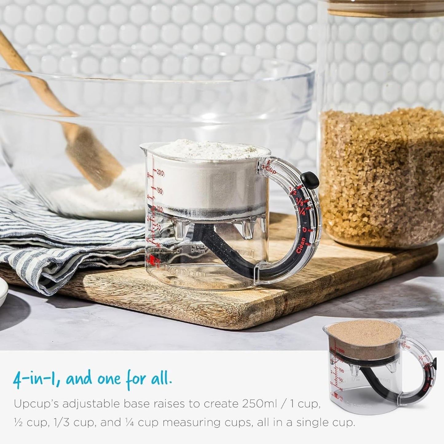 Dreamfarm 16 oz Upcup Adjustable Measuring Cup, 1 Cup & Mini Flisk – 4.6" Tritan & Silicone Self-Scraping Kitchen Tool for Wet & Dry Ingredients – Clear Measuring Container, Easy Clean Gadget