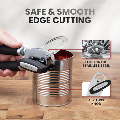 Zulay Kitchen Heavy Duty Stainless Steel Can Opener Manual with Bottle Opener - Rust Proof Manual Can Opener With Turn Knob & Comfy Soft Grip Handles - Cherry Red - Colors B