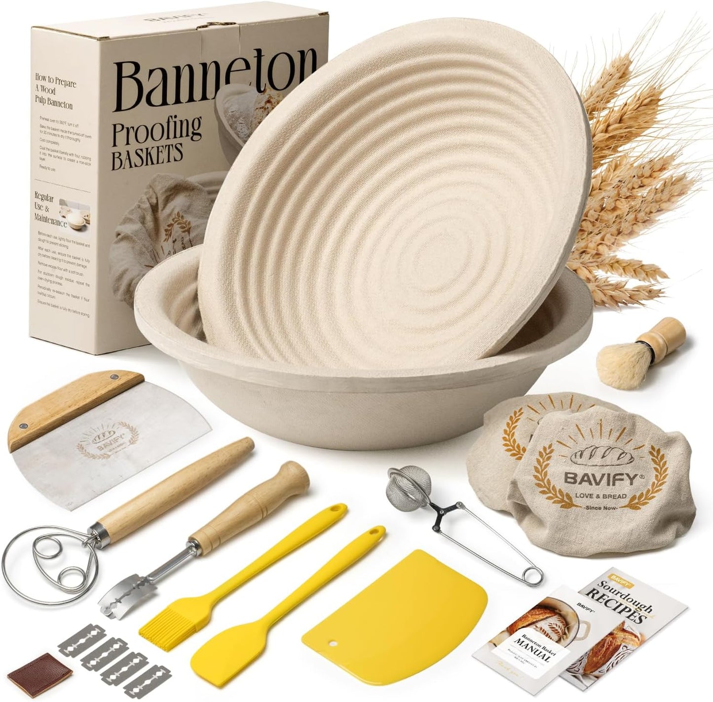 Wood Pulp Banneton Bread Proofing Basket Set, Non-Stick Dough Proofing Bowl for Sourdough, Sourdough Starter Kit Bread Baking Supplies Making Tools (Round)