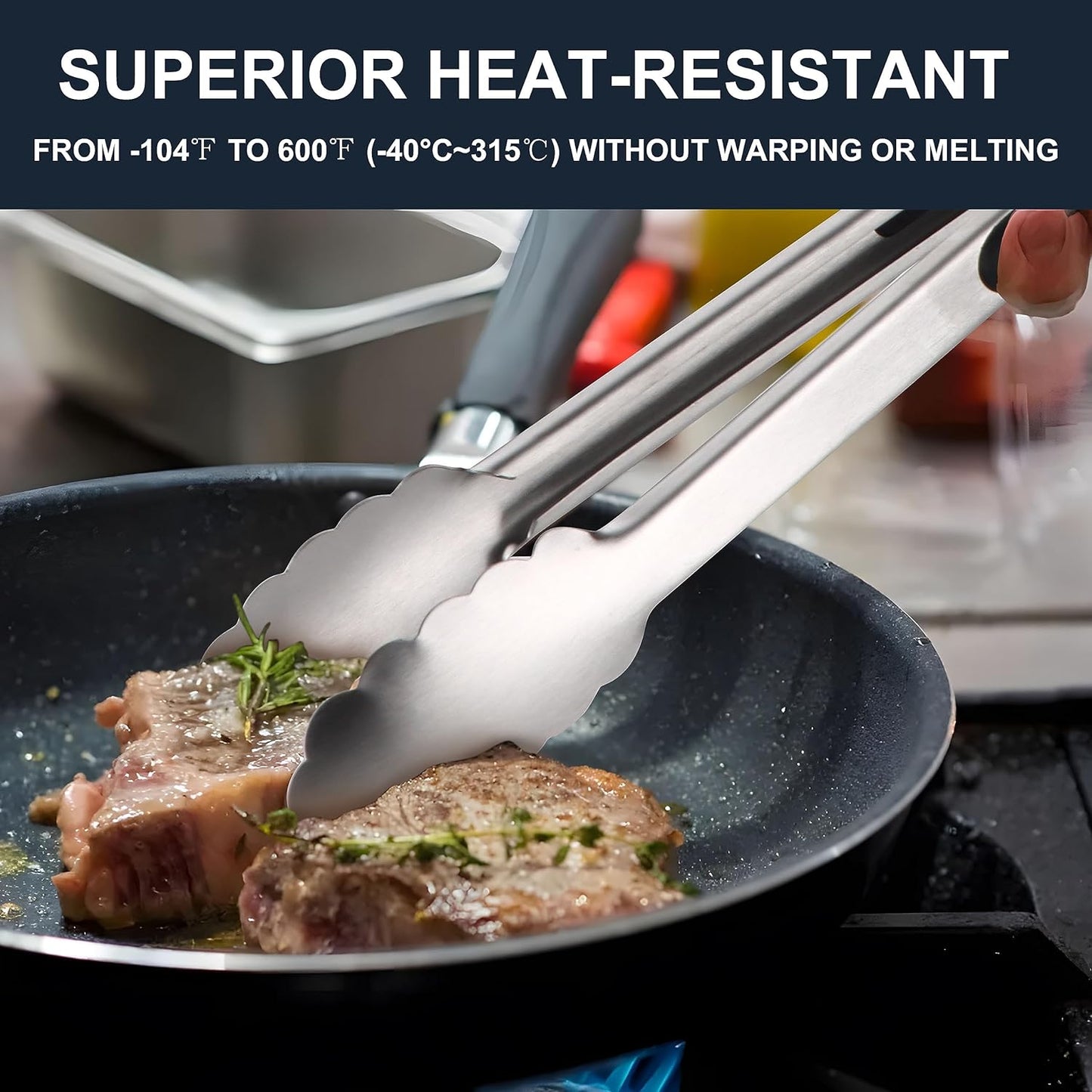 Anaeat Non-Stick Silicone Locking Tong Set of 3 - Stainless Steel 7", 9", 12" Kitchen Food Tongs with Non-Slip Silicone Tips and Grip for Cooking, Baking and BBQ - Heat Resistant up to 480°F (Black)