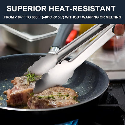Anaeat Non-Stick Silicone Locking Tong Set of 3 - Stainless Steel 7", 9", 12" Kitchen Food Tongs with Non-Slip Silicone Tips and Grip for Cooking, Baking and BBQ - Heat Resistant up to 480°F (Black)