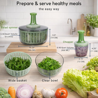 Brieftons Salad Spinner and Chopper: Large 6.3-Quart Lettuce Greens Vegetable Washer Dryer, with Bonus 0.95-Quart Veggie Chopper Mixer, Compact Storage, Easy Push Operation for Quick Veggie Prepping
