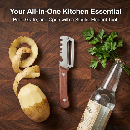 2 PCS Multi-Functional Kitchen Peeler, Professional Kitchen Tool for Chefs Fruit, 3 in 1 Multi Functional Wooden Handle Peeler and Bottle Opener, Kitchen Gadgets for Potato, Carrot, Pumpkin, Apple