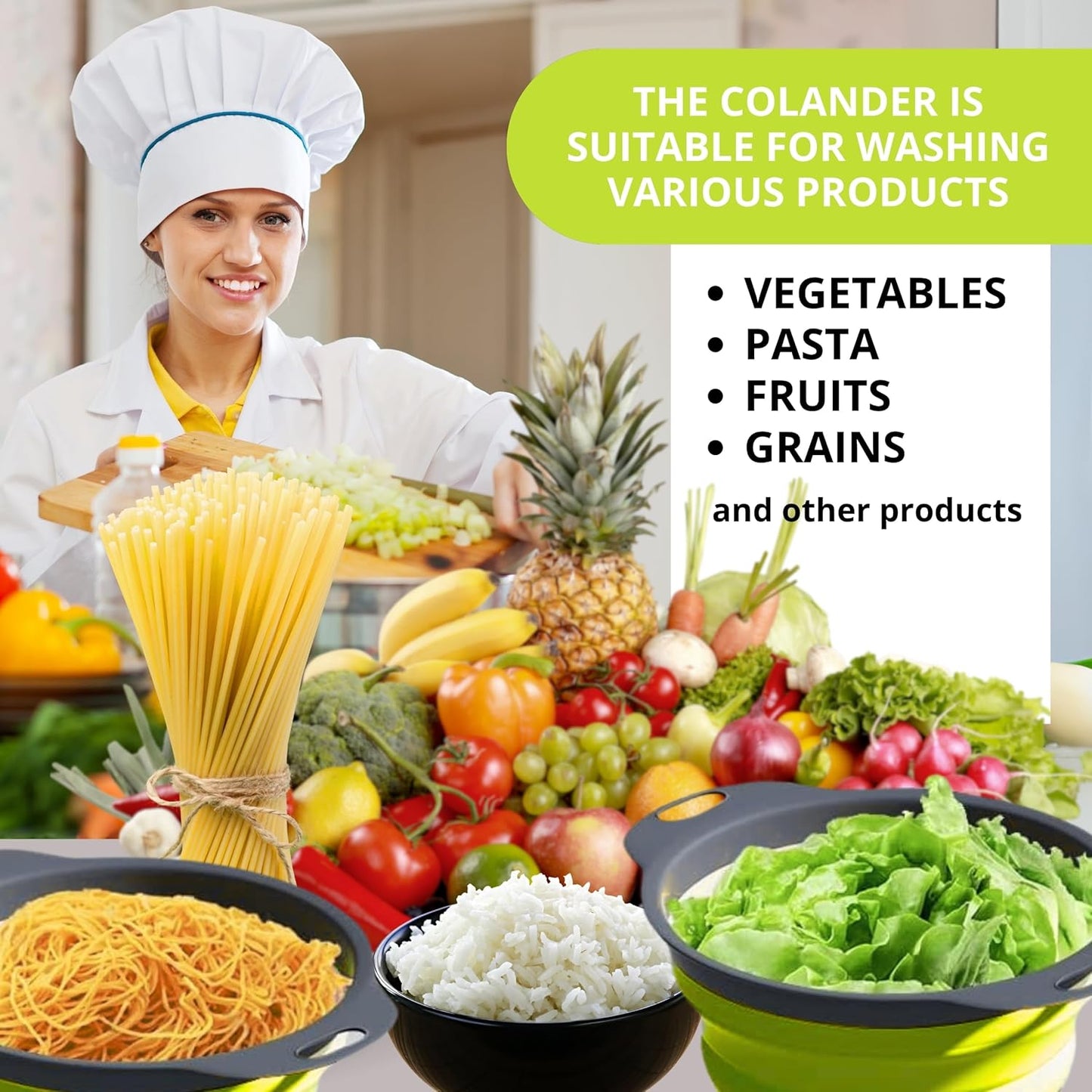 Green Kitchen Strainer Colander Set - 2 PCS Multifunctional Colander Silicone Food Strainers for Kitchen for Pasta and Spaghetti Collapsible with Plastic Handles