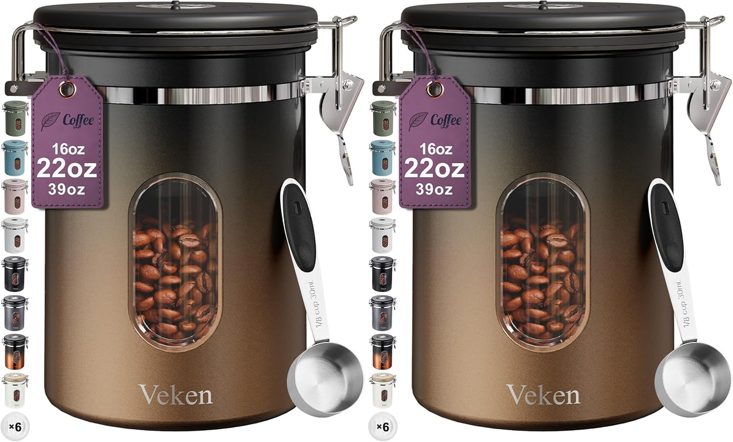 Veken Coffee Canister with Window,Airtight Stainless Steel Pantry Container,Home Kitchen Food Storage Organizers for Ground,Beans,Espresso,Rice,Tea,Sugar,Cereal, Decor,Bar Accessories,Gifts,22OZ,Black