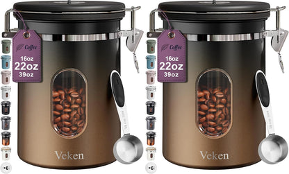 Veken Coffee Canister with Window,Airtight Stainless Steel Pantry Container,Home Kitchen Food Storage Organizers for Ground,Beans,Espresso,Rice,Tea,Sugar,Cereal, Decor,Bar Accessories,Gifts,22OZ,Black