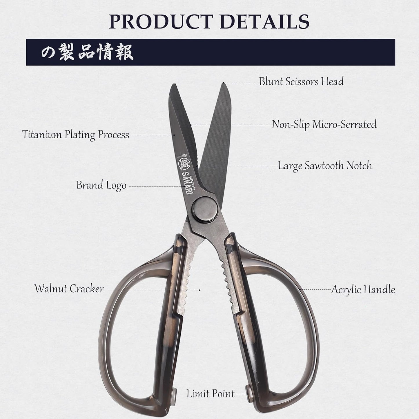 MITSUMOTO SAKARI Japanese Kitchen Scissors, All Purpose, Black Titanium Plated Heavy Duty, Multipurpose Cooking and Herb Scissors with Micro Serrated Edge