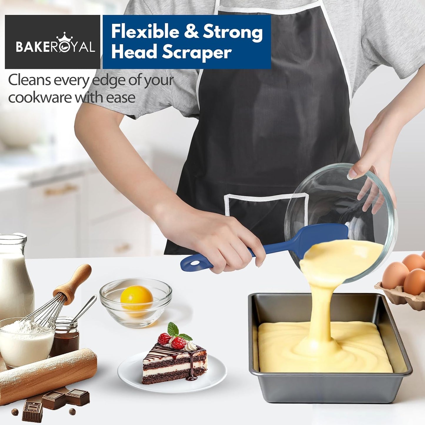BakeRoyal Silicone Spatula Set - 4-Piece Rubber Spatulas Silicone Heat Resistant 600°F for Everyday Task - Seamless Design Kitchen Spatulas for Nonstick Cookware - Royal Blue