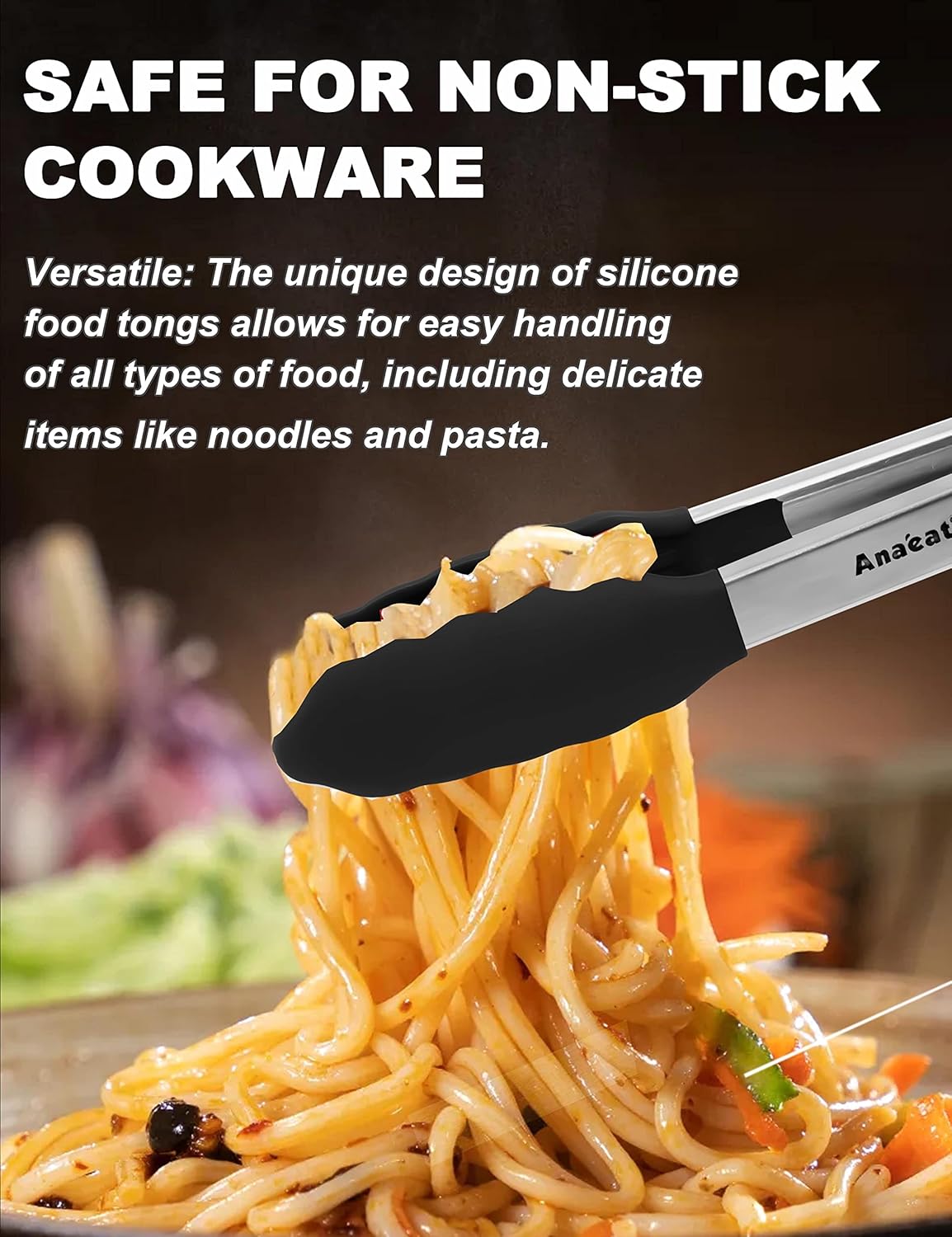 Anaeat Non-Stick Silicone Locking Tong Set of 3 - Stainless Steel 7", 9", 12" Kitchen Food Tongs with Non-Slip Silicone Tips and Grip for Cooking, Baking and BBQ - Heat Resistant up to 480°F (Black)