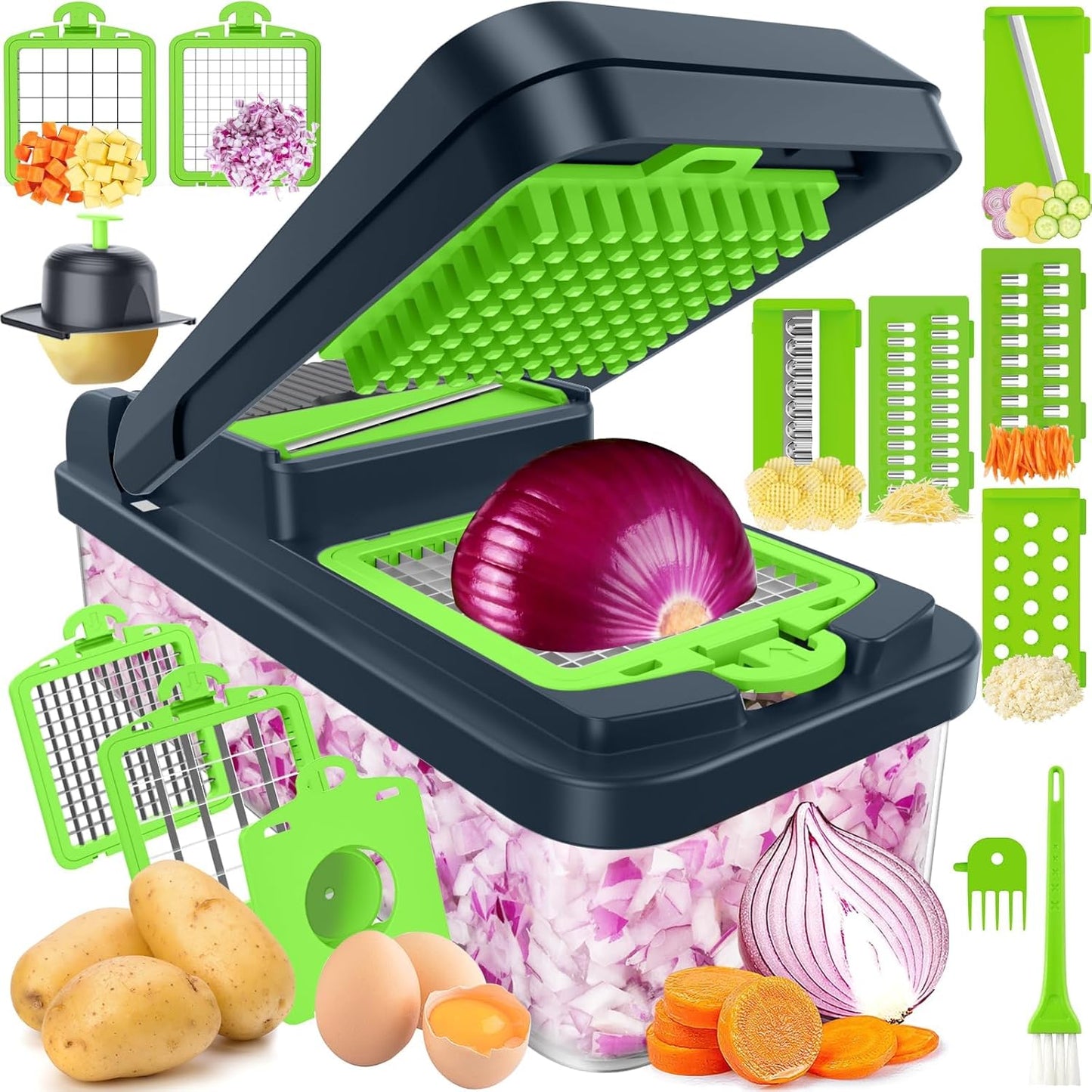 SpaceHacks 12-in-1 Vegetable Chopper, Kitchen Gadgets with 7 Blades, Veggie, Food, Onion Chopper, Cucumber Slicer, Versatile Mandoline, Includes Egg Separator & Finger Guard, Gray