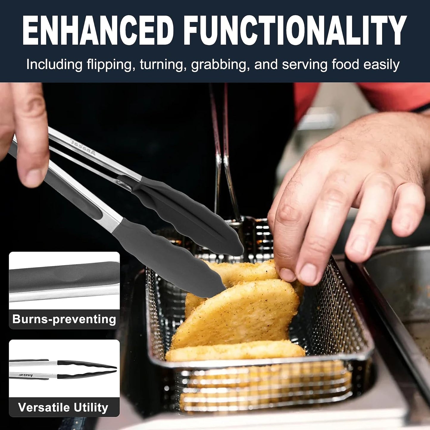 Anaeat Non-Stick Silicone Locking Tong Set of 3 - Stainless Steel 7", 9", 12" Kitchen Food Tongs with Non-Slip Silicone Tips and Grip for Cooking, Baking and BBQ - Heat Resistant up to 480°F (Black)