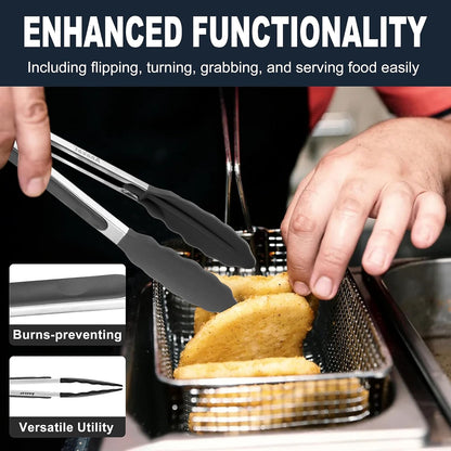 Anaeat Non-Stick Silicone Locking Tong Set of 3 - Stainless Steel 7", 9", 12" Kitchen Food Tongs with Non-Slip Silicone Tips and Grip for Cooking, Baking and BBQ - Heat Resistant up to 480°F (Black)
