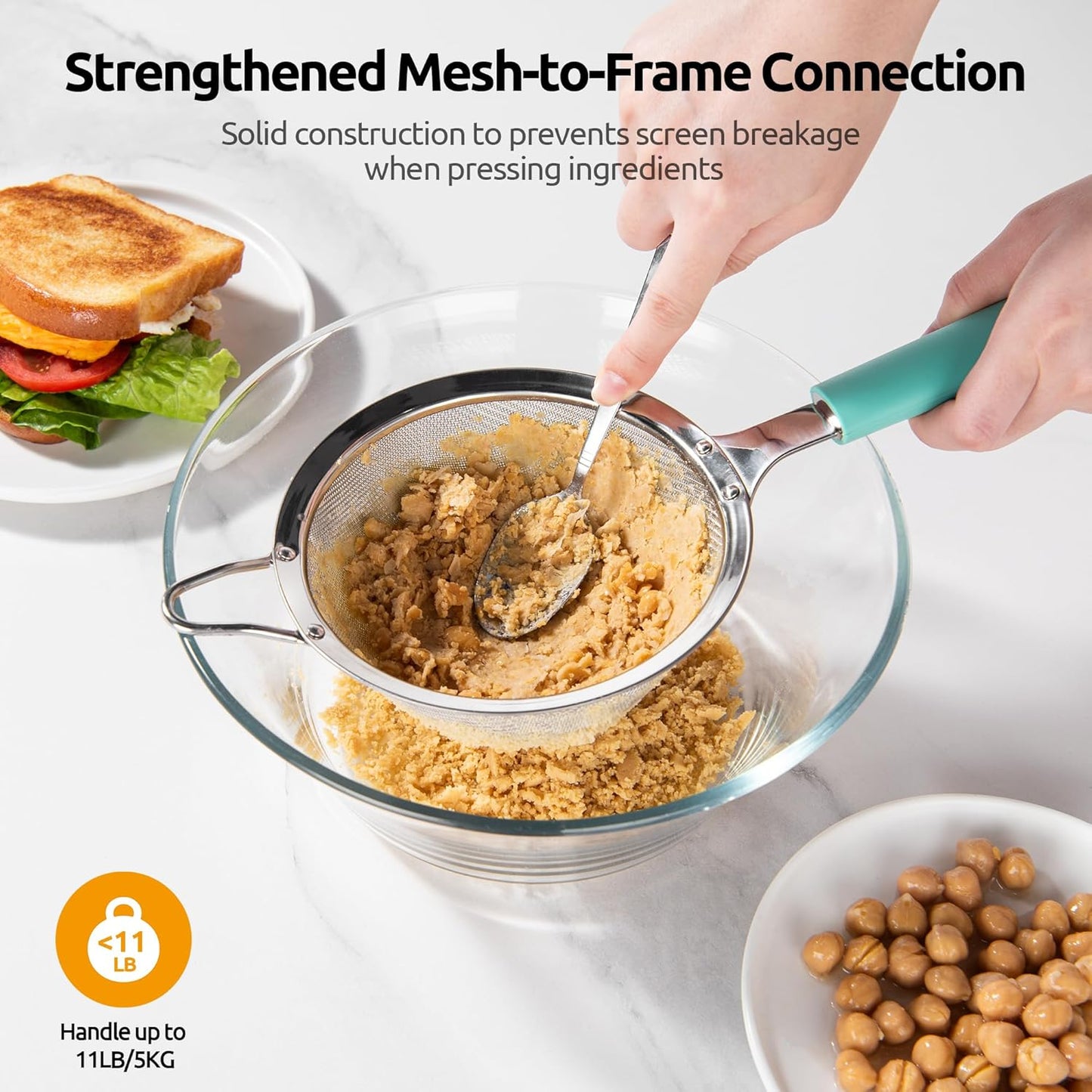 U-Taste Medium Fine Mesh Strainer: 18/8 Stainless Steel 4.73in 30 Mesh Kitchen Food Sieve with Sturdy Riveted Silicone Handle, Heavy Duty Deep Handheld Metal Colander for Rice, Quinoa, Flour (Black)