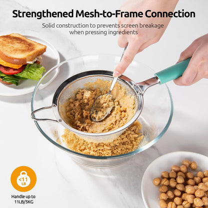 U-Taste Medium Fine Mesh Strainer: 18/8 Stainless Steel 4.73in 30 Mesh Kitchen Food Sieve with Sturdy Riveted Silicone Handle, Heavy Duty Deep Handheld Metal Colander for Rice, Quinoa, Flour (Black)