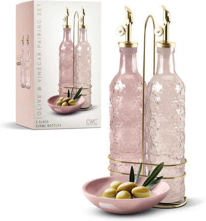 COOK WITH COLOR Glass Olive Oil Bottle Dispenser - 2 Pack- 17oz Oil and Vinegar Cruet - Olive Oil Carafe Decanter for Kitchen, Elegant Waves, Clear