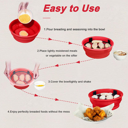 FJNATINH Collapsible Batter Bowl - Mess Free Better Breader Shaker Bowl with Lid Breading Shaker Container - Great for Fried Fish, Fried Chicken, Onion Rings, Wings & More,No Leak,Easy to Store