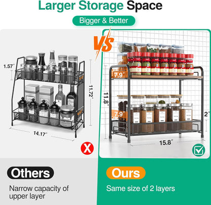 Spice Rack Organizer for Countertop,Xpatee 2-Tier Foldable Metal Rust-Proof Standing Large Seasoning Storage Shelf with Guardrail and Mesh Design for Kitchen Cabinet Bathroom Living Room Pantry, Black